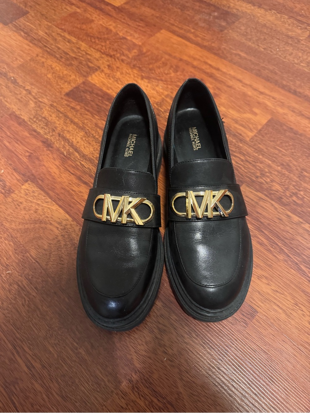 Michael Kors Black Leather Loafers with Gold MK Emblem